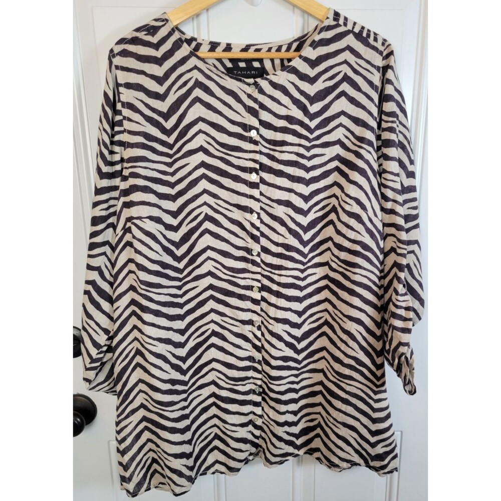 Tahari Plus Size Zebra Print 100% Linen Tunic Top Size 1X Button-Up